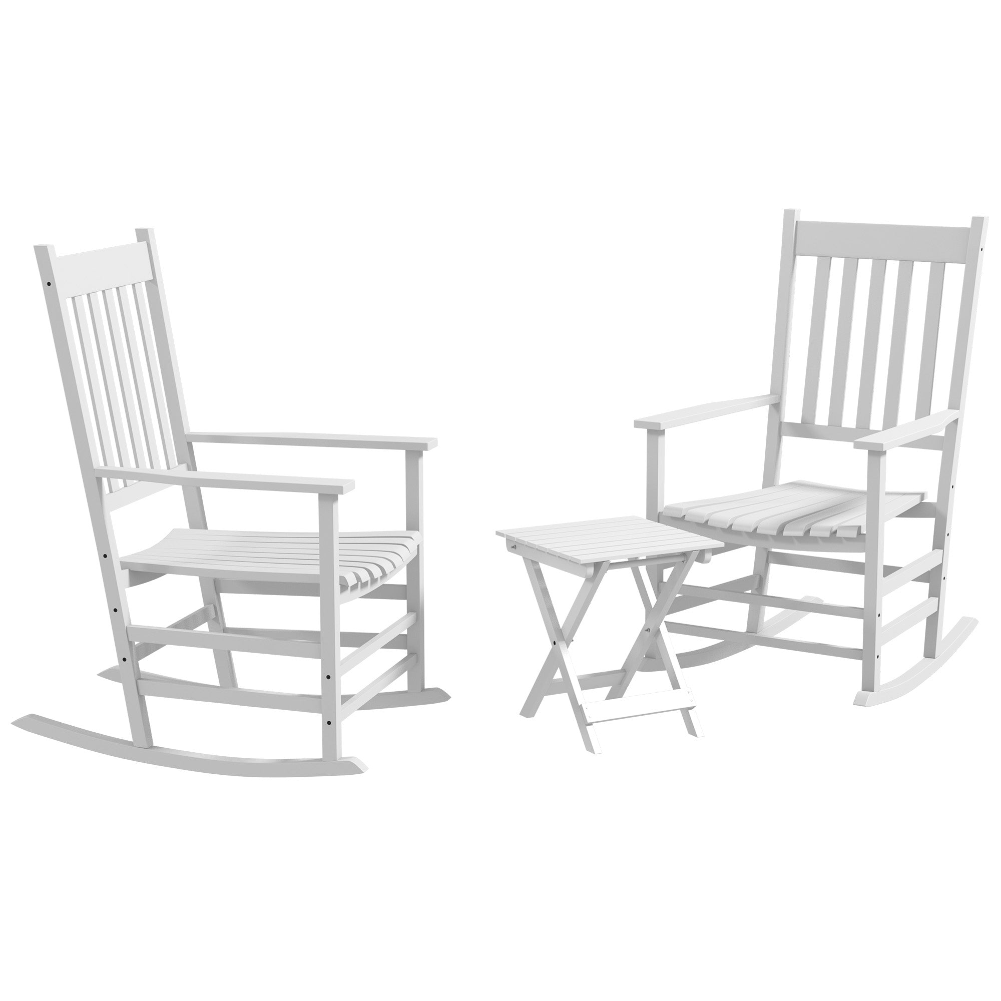 Outdoor Rocking Chair Set of 2 with Side Table, Patio Wooden Rocking Chair with Smooth Armrests, High Back for Garden, Balcony, Porch, Supports Up to 352 lbs.