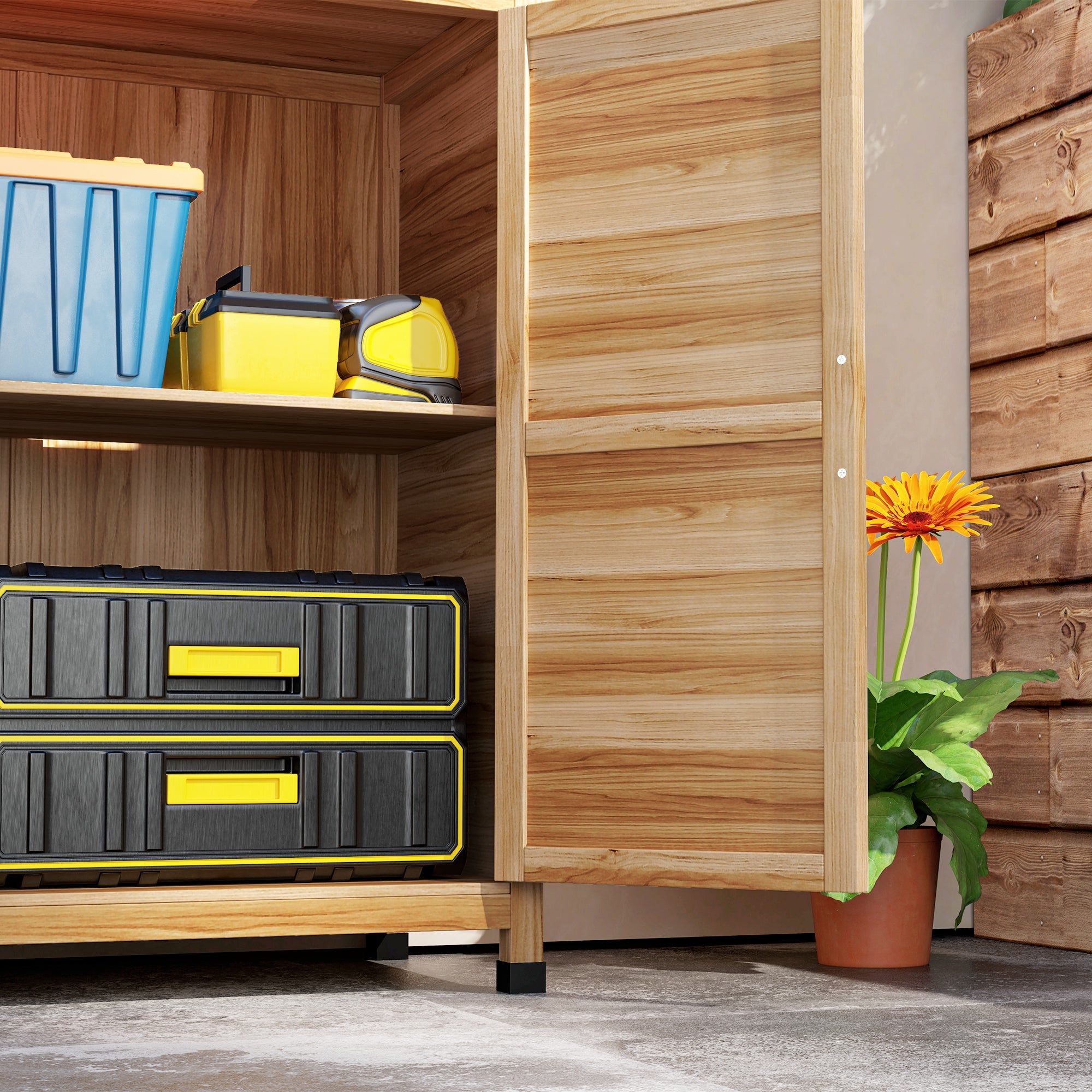 Wooden Storage Cabinet, Outdoor Prep Table with Metal Tabletop, Shelves and Double Doors for Patio, Garden