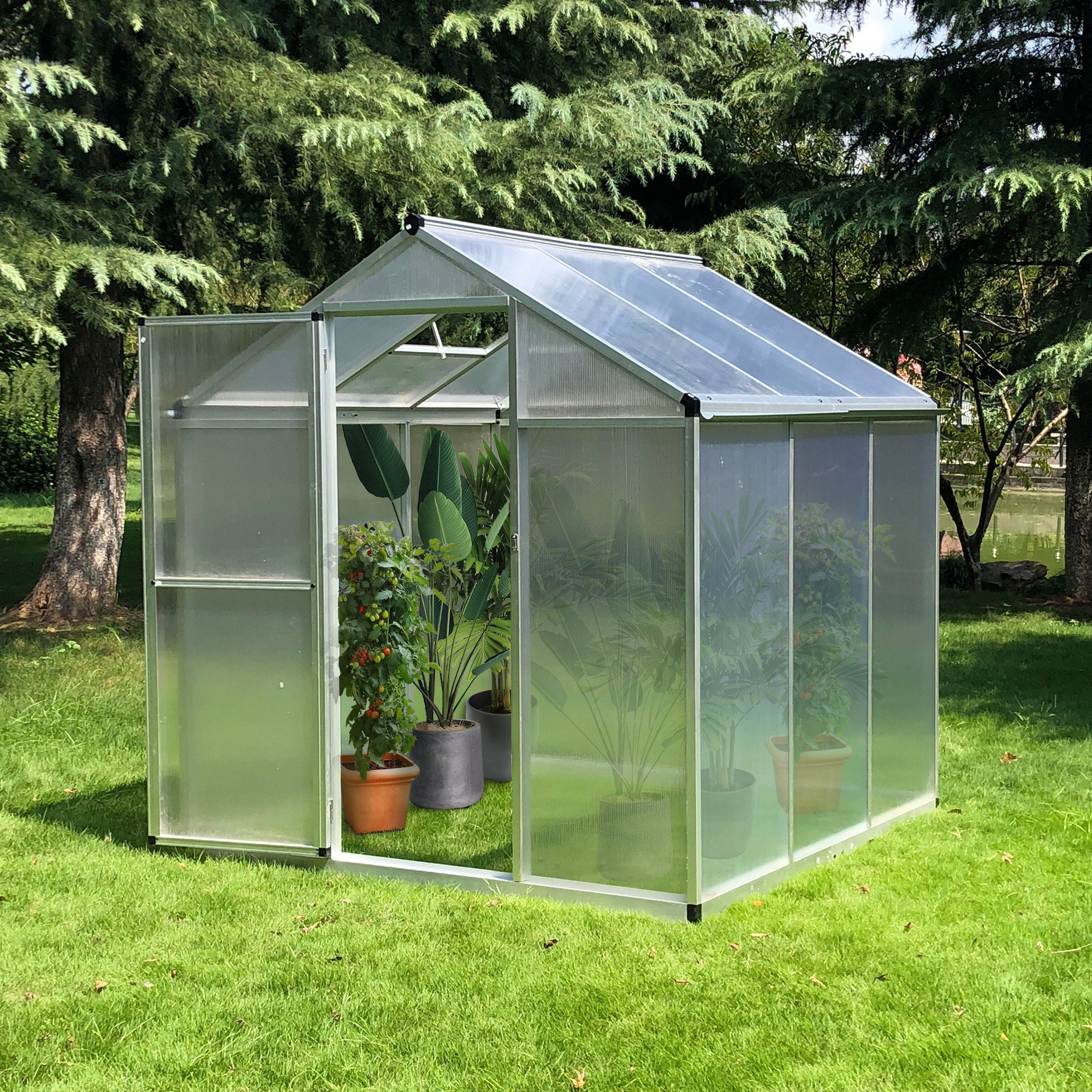 6' L x 6' W Walk-In Polycarbonate Greenhouse with Roof Vent for Ventilation & Rain Gutter for Winter