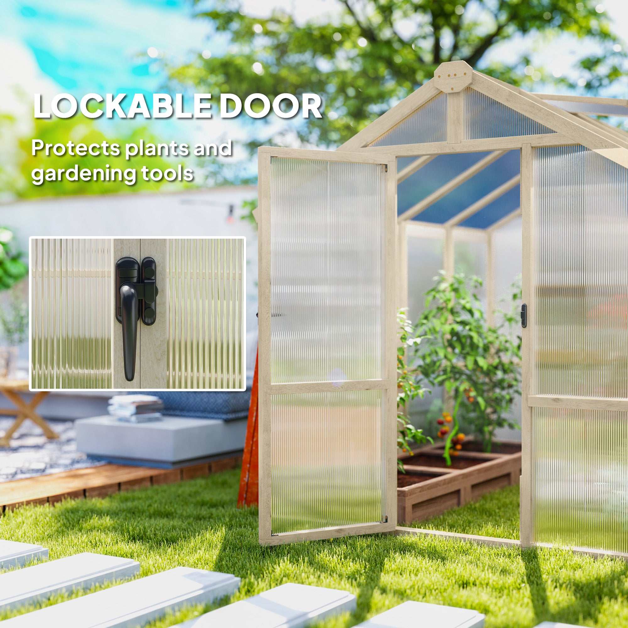 6.6 x 8 ft. Polycarbonate Greenhouse Wooden Walk-in Greenhouse Kit with Thickened Panels, Roof Vent, and Lockable Door