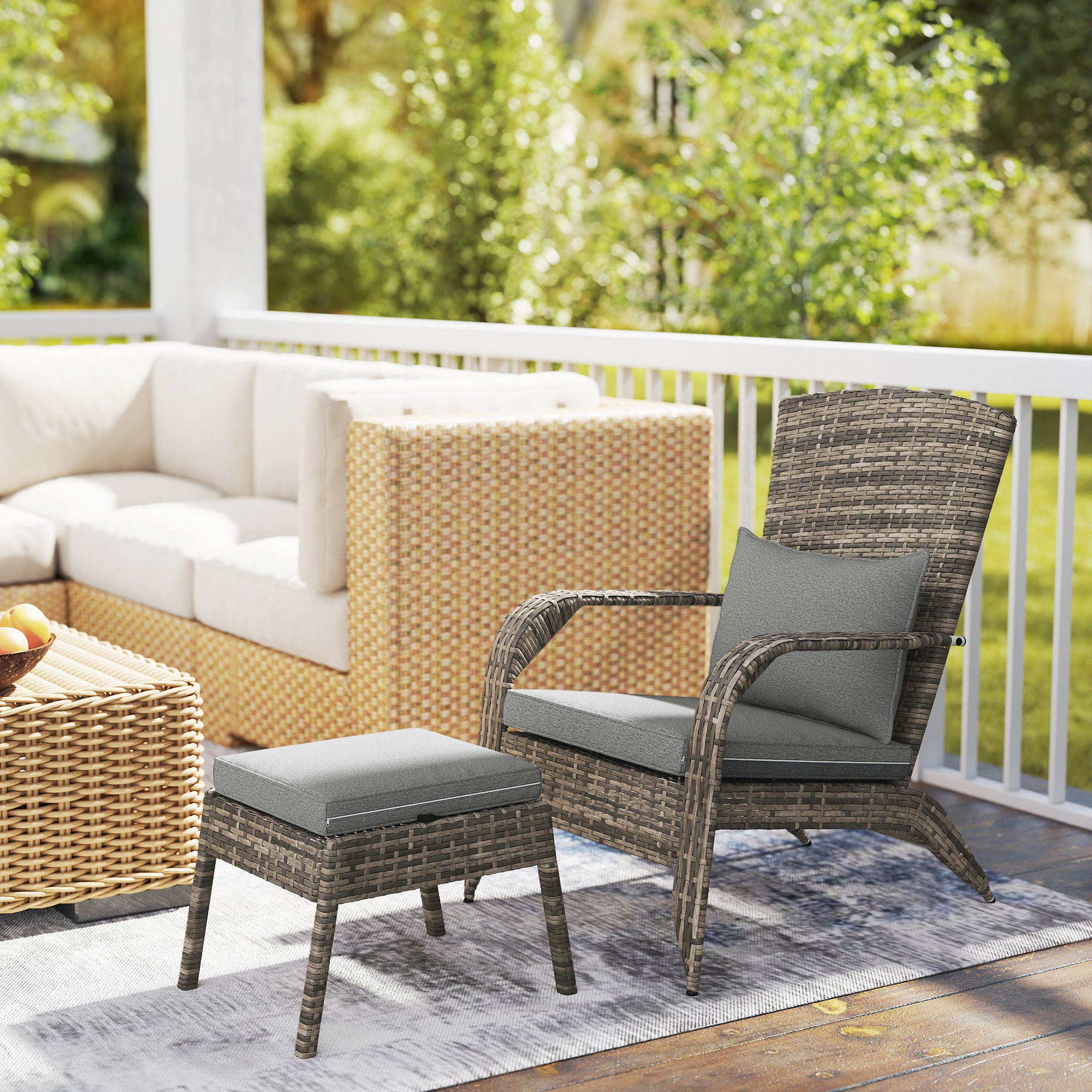 Wicker Adirondack Chair Fire Pit Chair w/ Ottoman & Cushions