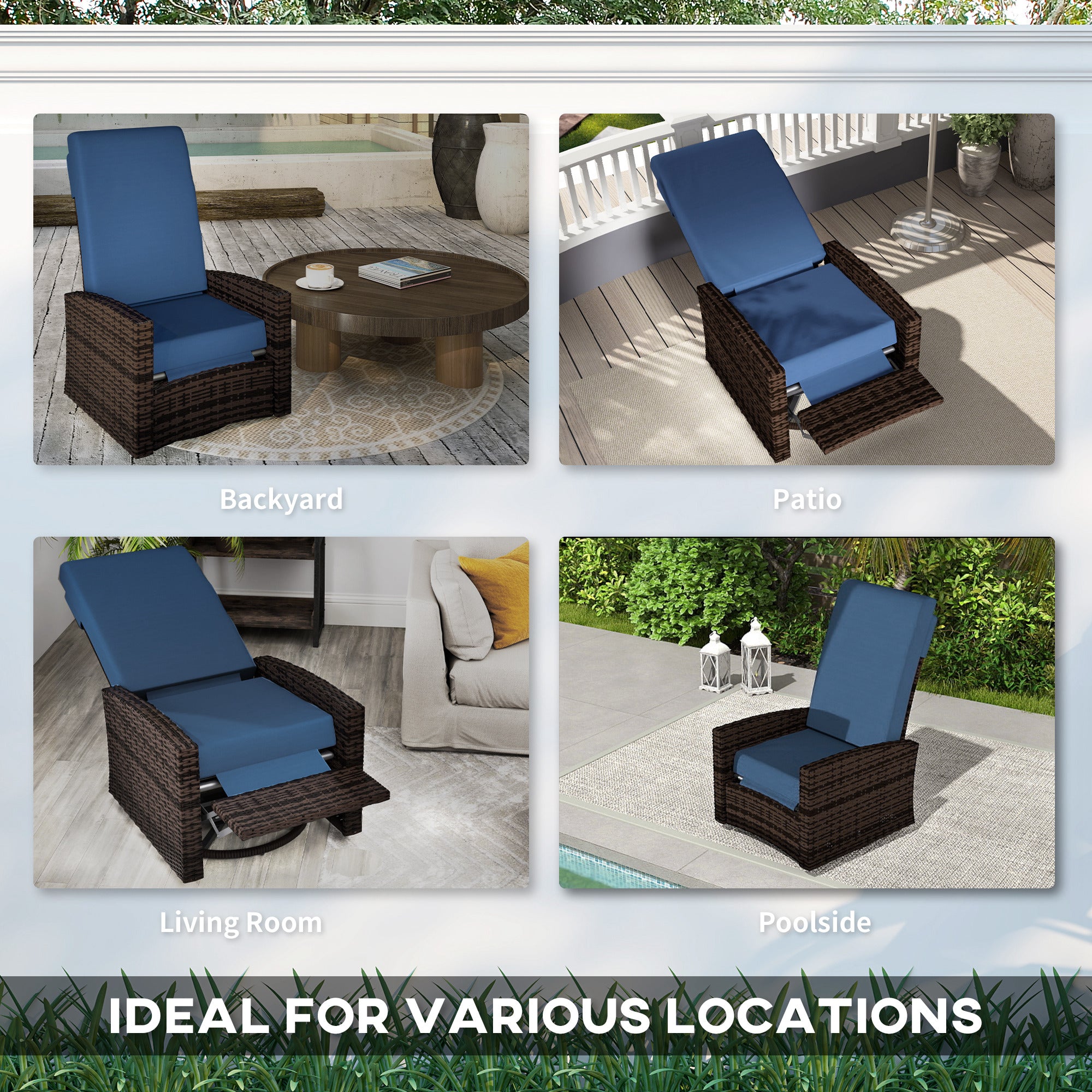 Outdoor Wicker Swivel Recliner Chair, Lifting Footrest, 360° Rotating Basic, Water-resistant Cushions, Dark