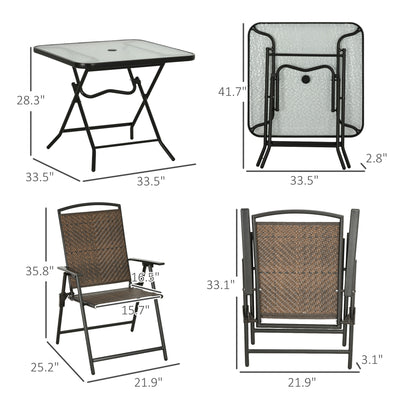 5 Pieces Patio Table and Chairs, Foldable Wicker Outdoor Dining Table Set with Umbrella Hole, Dark Brown