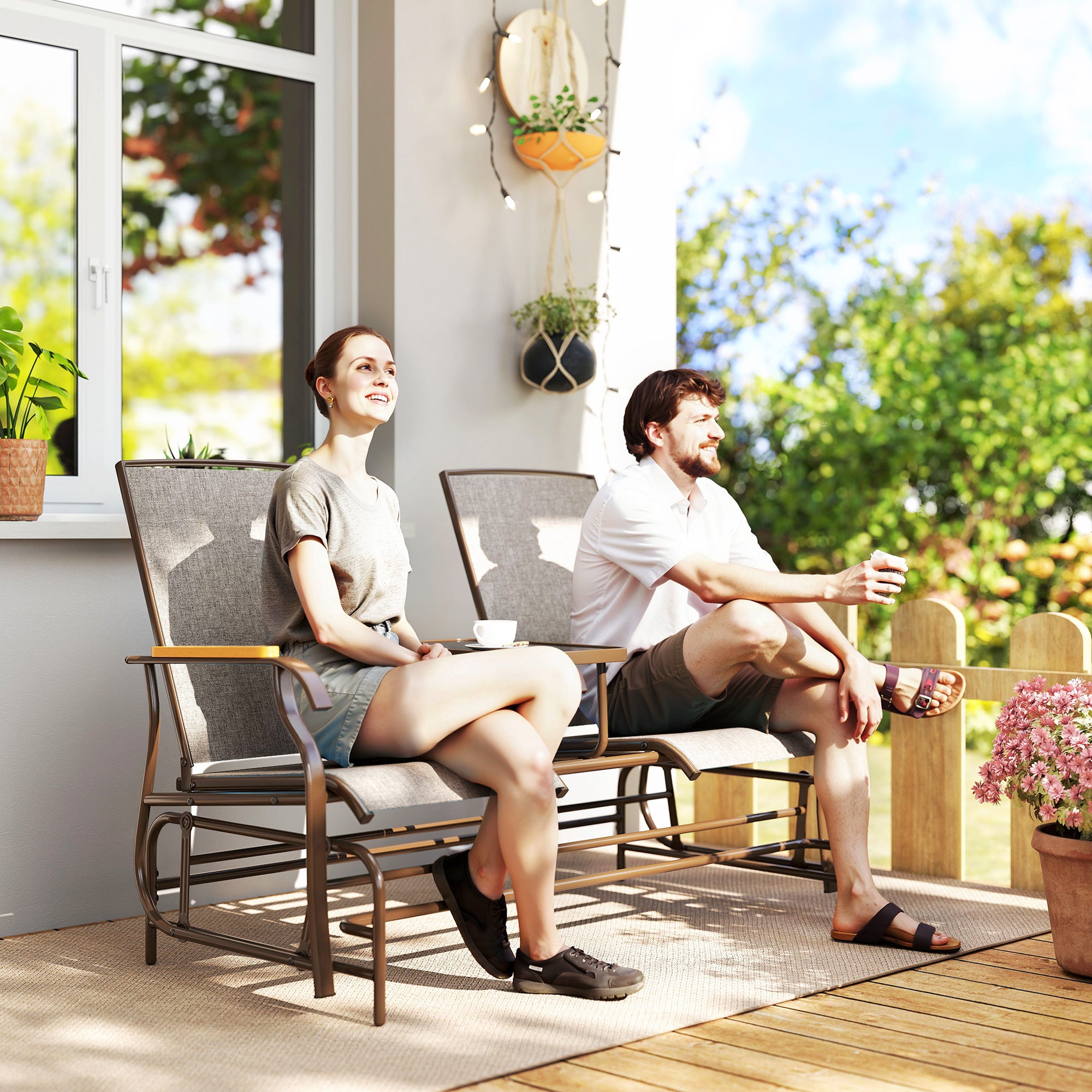 Outdoor 2-Person Glider Bench, Outside Glider Swing Chair Loveseat with Table, Steel Frame