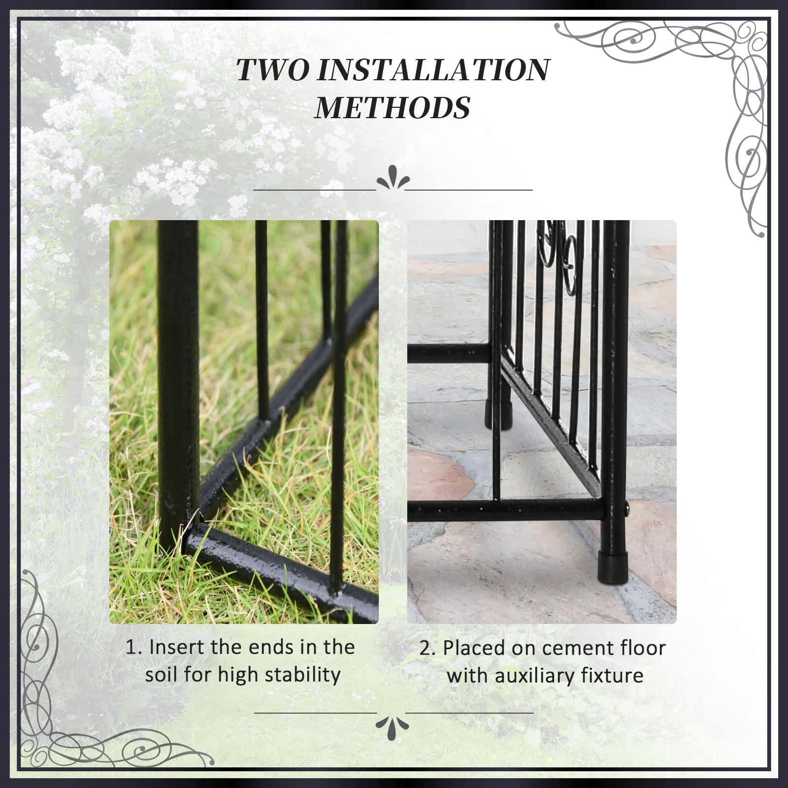 86" Garden Arch Arbor, Metal Arch Trellis with Gate and Planter Baskets, Garden Archway for Climbing Vines, Wedding Ceremony Decoration, Flourishes & Arrow Tips, Black