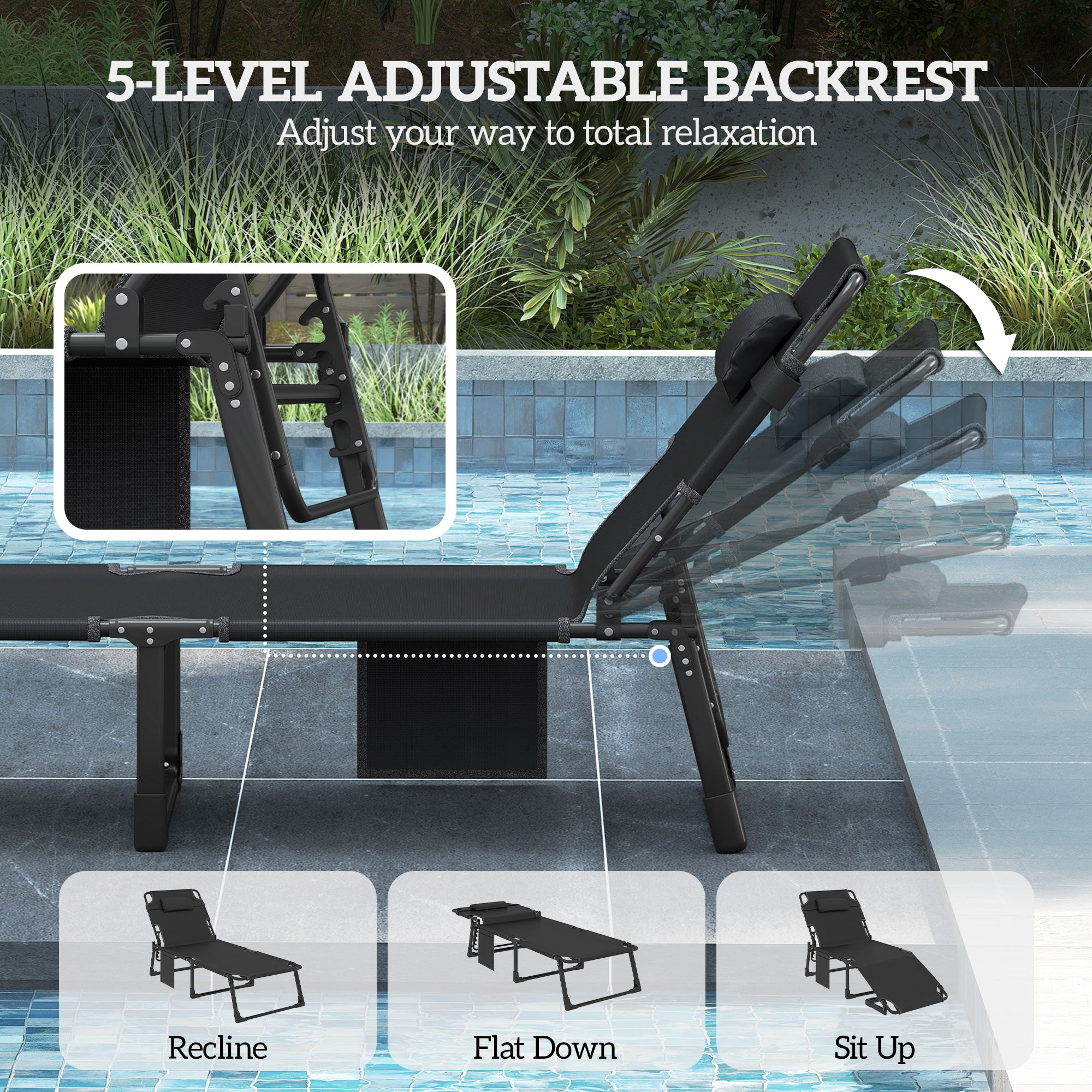 Folding Chaise Lounge Chair Outdoor Tanning Chair with 5-Position Backrest, Cushion, Side Pocket