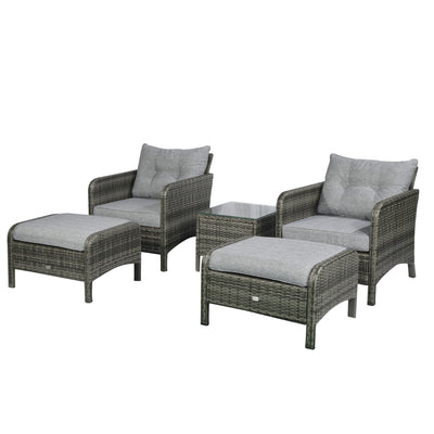 5 Pieces Rattan Wicker Lounge Chair Outdoor Patio Conversation Set with 2 Cushioned Chairs, 2 Ottomans and Tempered Glass Top Coffee Table