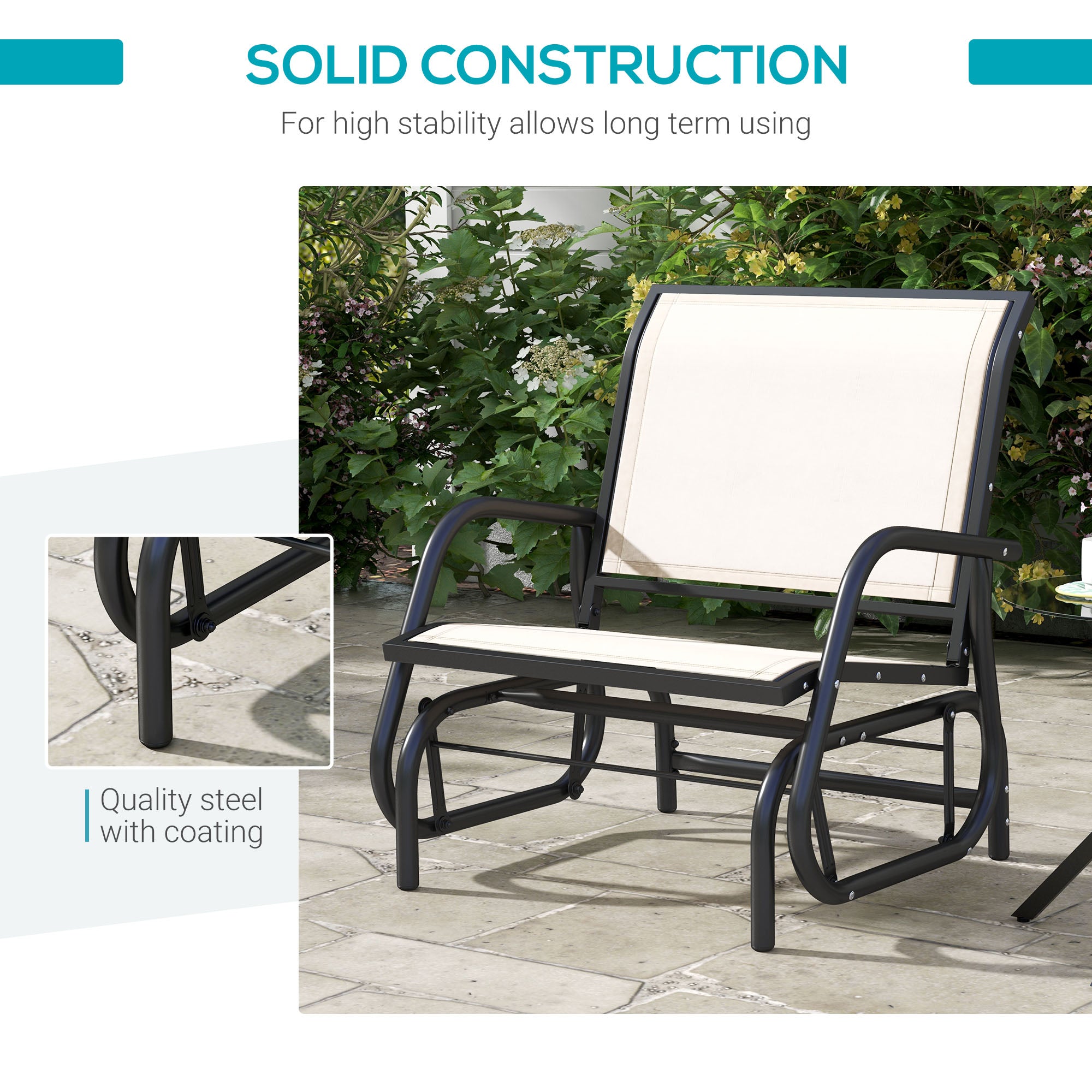 Outdoor Glider Chair, Steel Swing Chai with Curved Armrests for Porch, Garden, Poolside, Balcony
