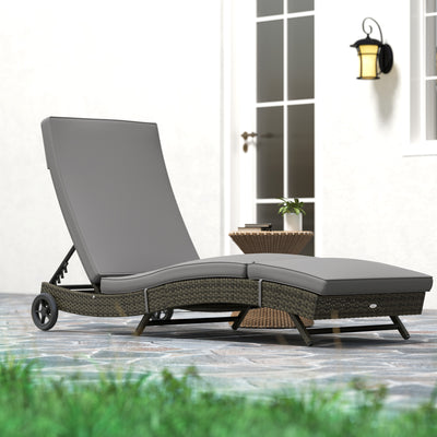 Patio Wicker Chaise Lounge Chair, Outdoor PE Rattan Sun lounger with Adjustable Backrest and 2 Wheels
