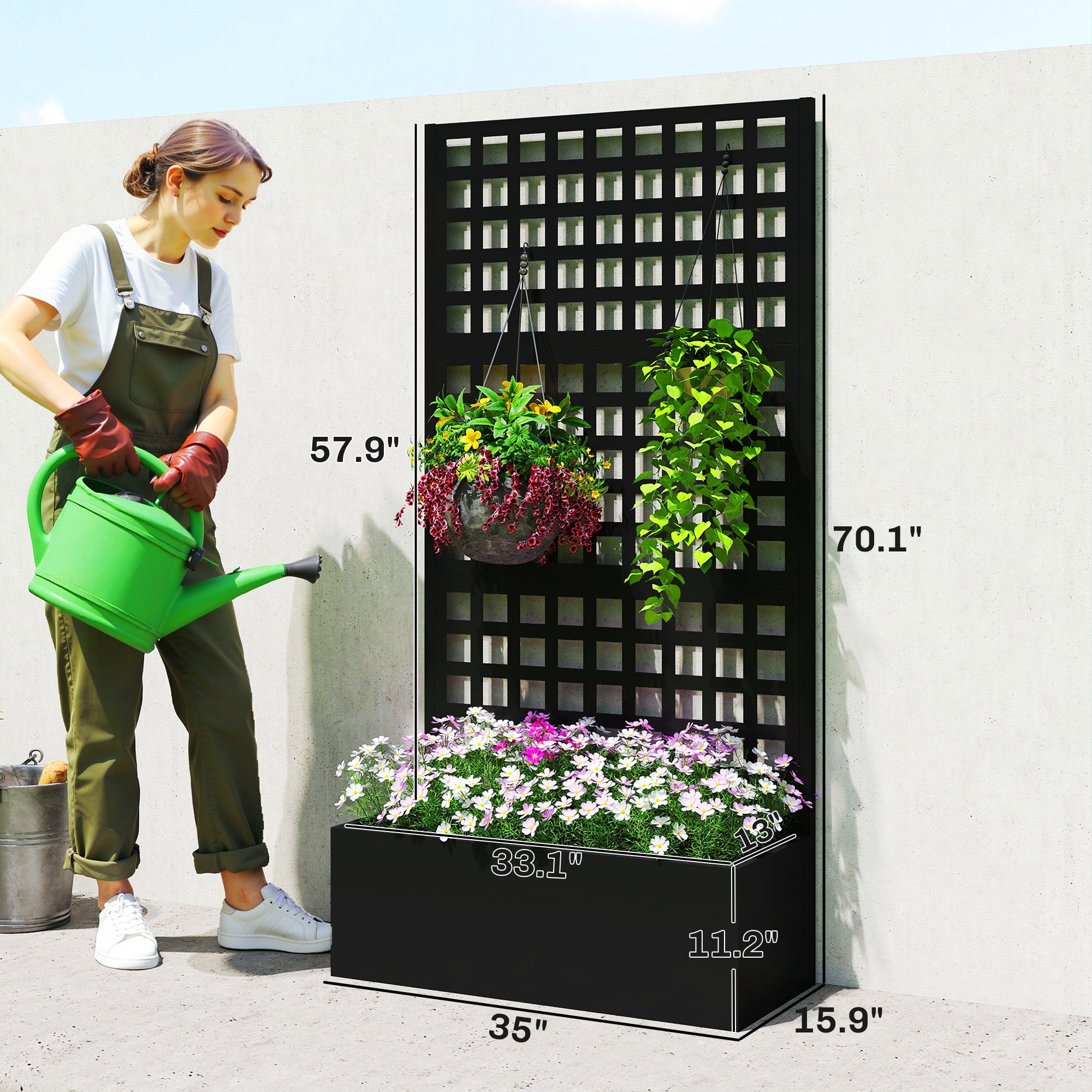 Galvanized Raised Garden Bed Planter Box with Trellis for Climbing Plants, Vegetable, Vines, 35" x 16" x 70"