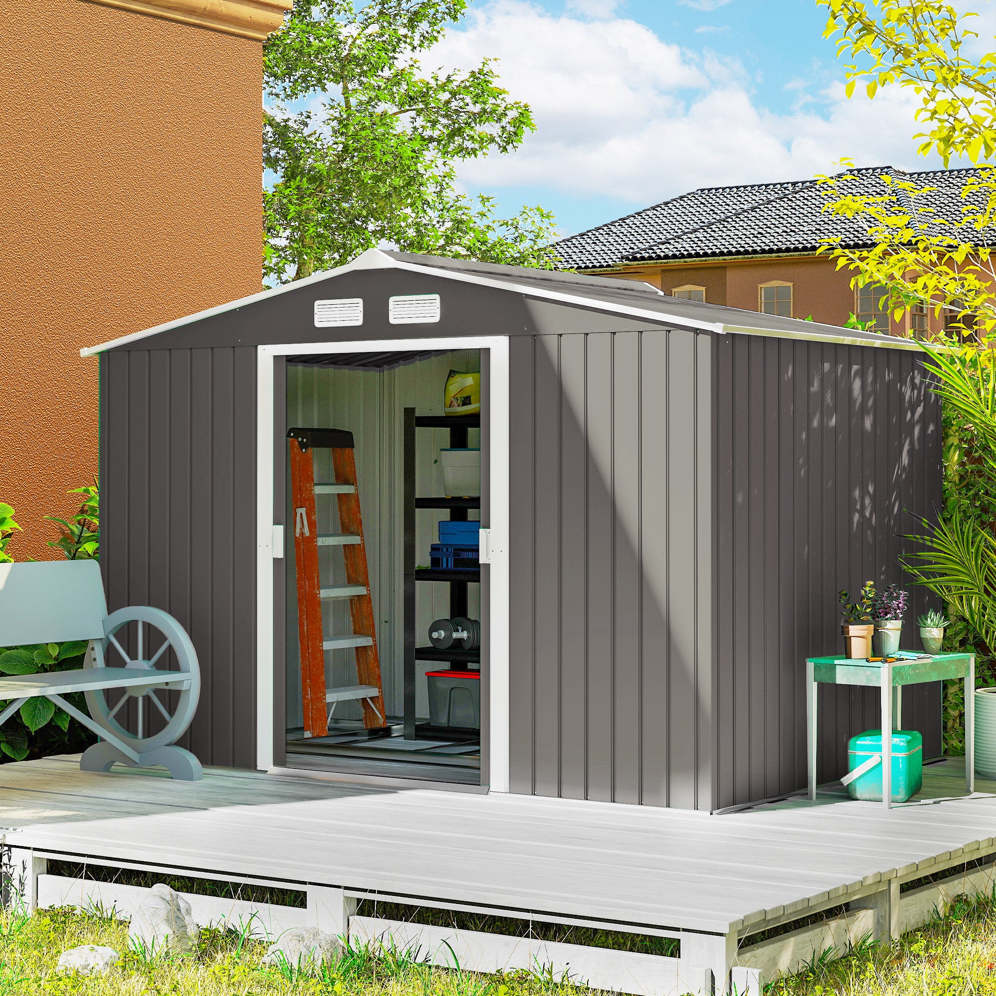 9' x 6' Outdoor Storage Shed, Garden Tool Metal Shed with Foundation Kit