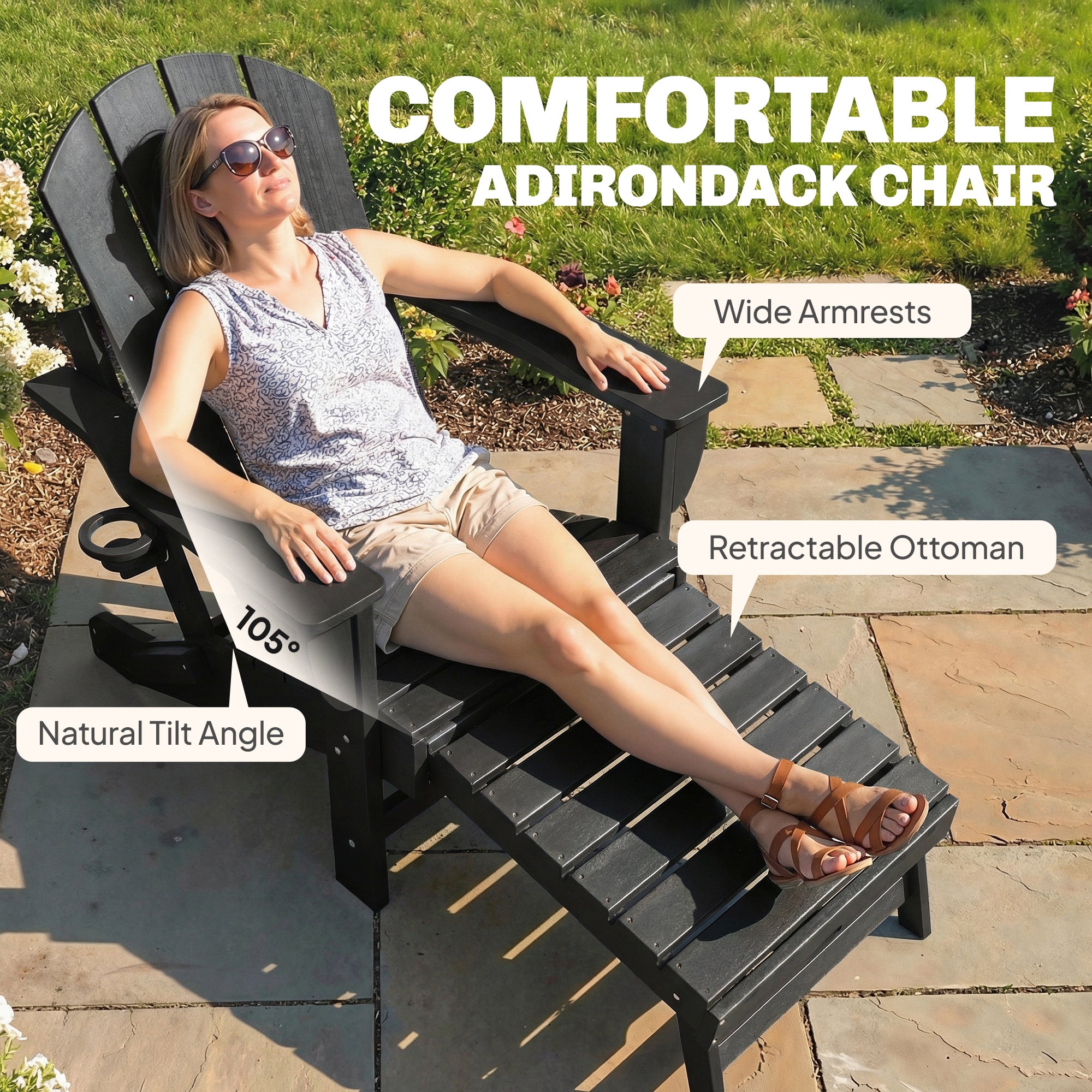 Folding Adirondack Chair Set of 2, HDPE Fire Pit Chair with Retractable Ottoman and Cup Holder