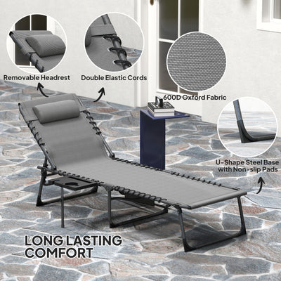 Folding Outdoor Chaise Lounge Chair Tanning Chair with 5-Level Adjustable Back, Side Table, Pillow, Pocket