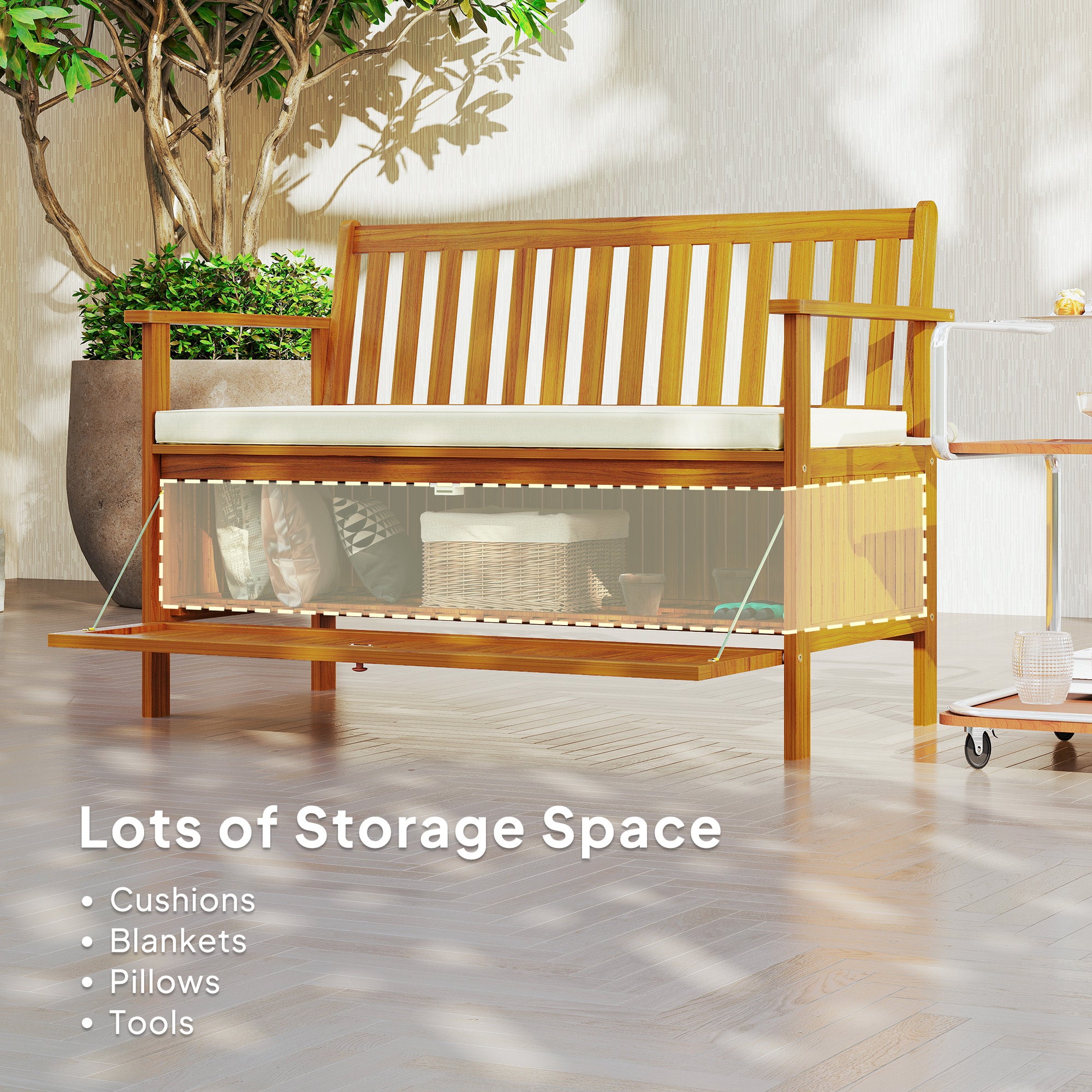 Outdoor Bench with Storage Compartment, Acacia Wood Patio Bench with Cushion, 2 Seater Garden Bench, Teak