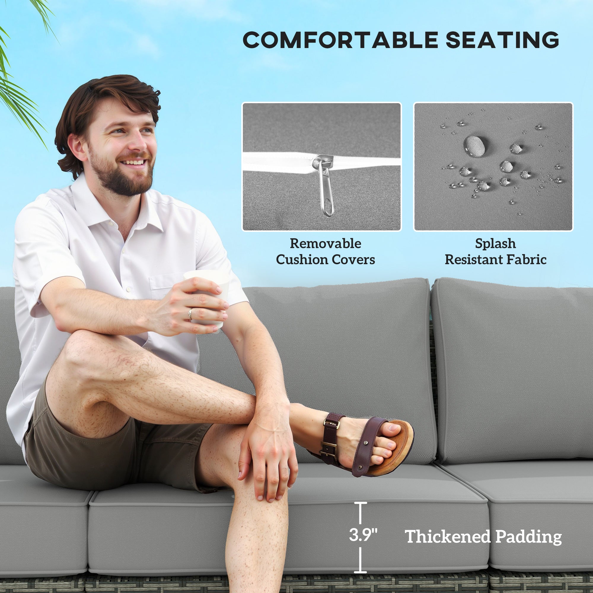 3 Seater Wicker Outdoor Couch Patio Sofa with Storage, Thickened Cushions and Wide Armrests for Porch Yard, Gray