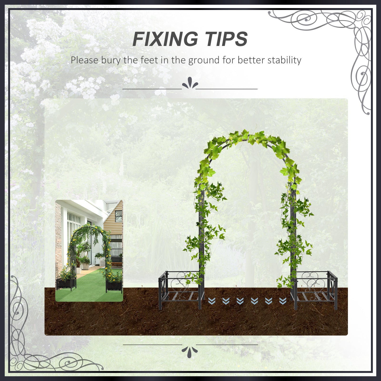 6.7' Steel Garden Arch Arbor with Scrollwork Hearts, Planter Boxes for Climbing Vines, Ceremony, Weddings, Party, Backyard, Lawn, Dark Gray
