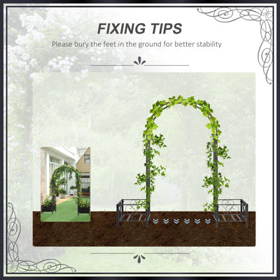 6.7' Steel Garden Arch Arbor with Scrollwork Hearts, Planter Boxes for Climbing Vines, Ceremony, Weddings, Party, Backyard, Lawn, Dark Gray