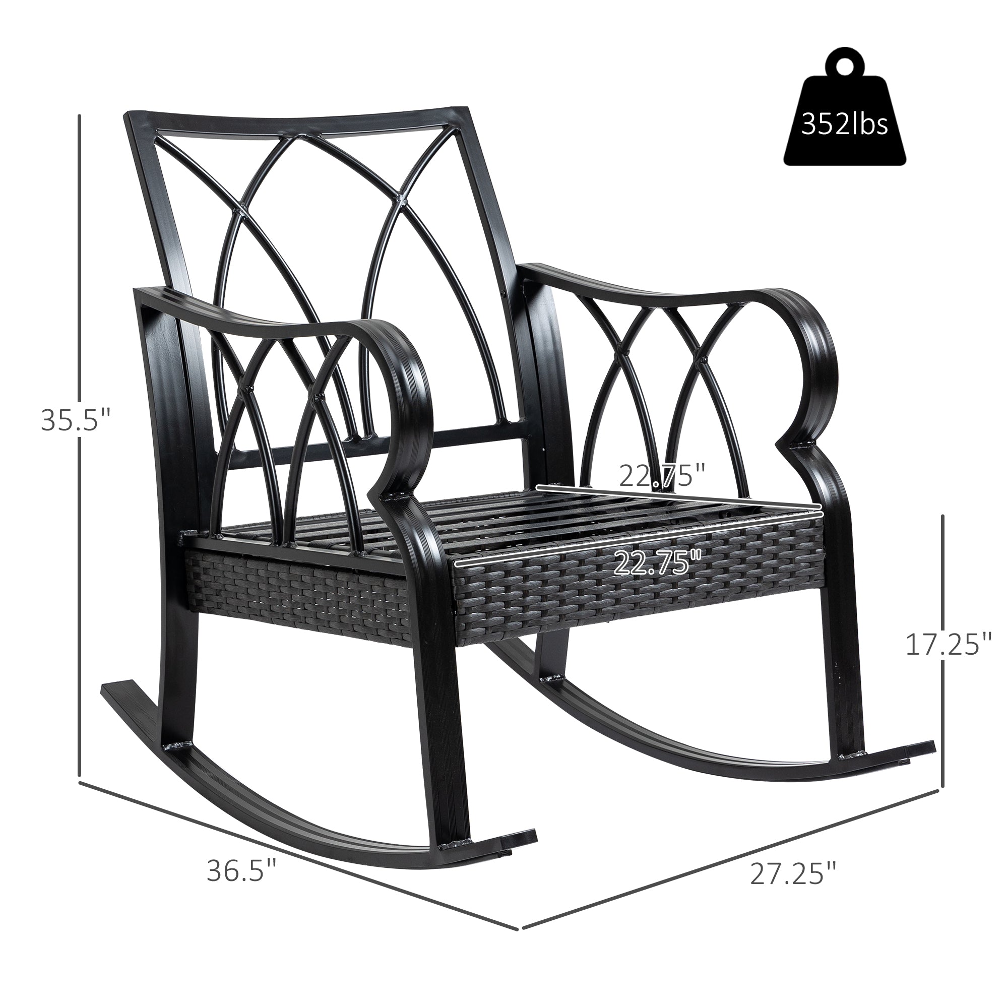 Outdoor Wicker Rocking Chair with Padded Cushions, Aluminum Furniture Rattan Porch Rocker Chair w/ Armrest for Garden, Patio, and Backyard