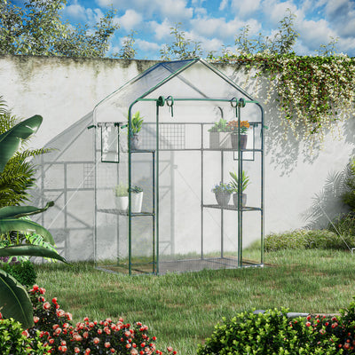 Outdoor Walk-in Mini Greenhouse with Mesh Door & Windows, Small Portable Garden Green House with 3 Tiers 6 Shelves, Trellis, & Plant Labels