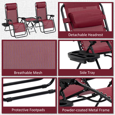 Zero Gravity Chair Set with Side Table, Folding Reclining Chair with Cupholders & Pillows, Adjustable Lounge Chairs for Pool, Backyard, Lawn, Beach