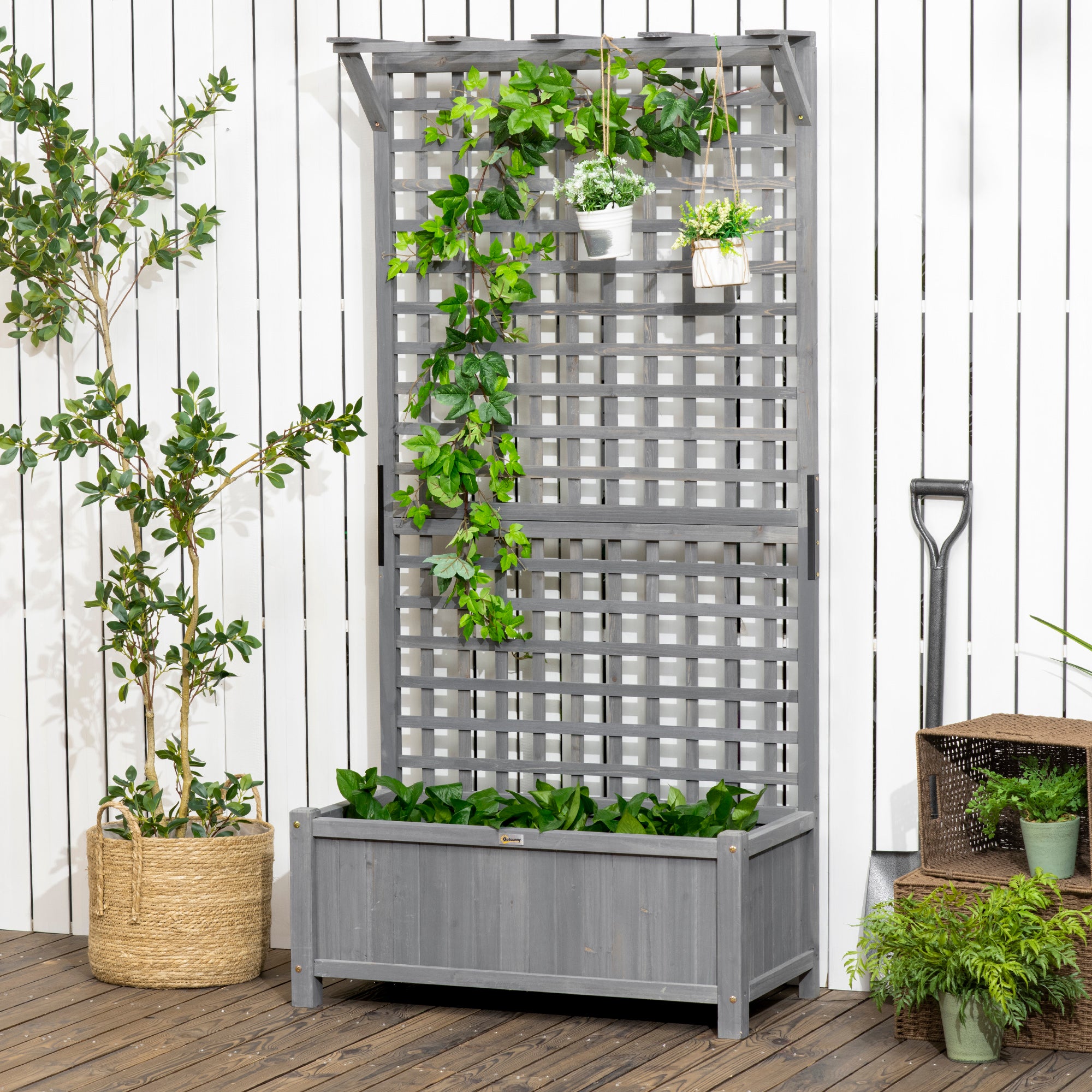 Wood Planter with Trellis for Vine Climbing, Raised Garden Bed, Privacy Screen for Backyard, Patio