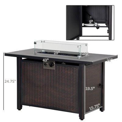 43 Inch Outdoor Propane Gas Fire Pit Table, 50,000 BTU Auto-Ignition Rectangular Wicker-effect Gas Firepit with Glass Wind Guard, Lid, Glass Beads, Steel Base, CSA Certification, Bronze