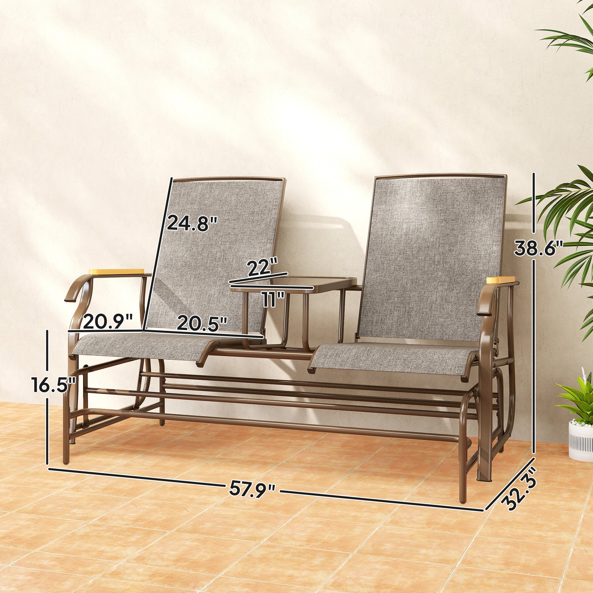 Outdoor 2-Person Glider Bench, Outside Glider Swing Chair Loveseat with Table, Steel Frame
