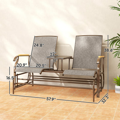 Outdoor 2-Person Glider Bench, Outside Glider Swing Chair Loveseat with Table, Steel Frame