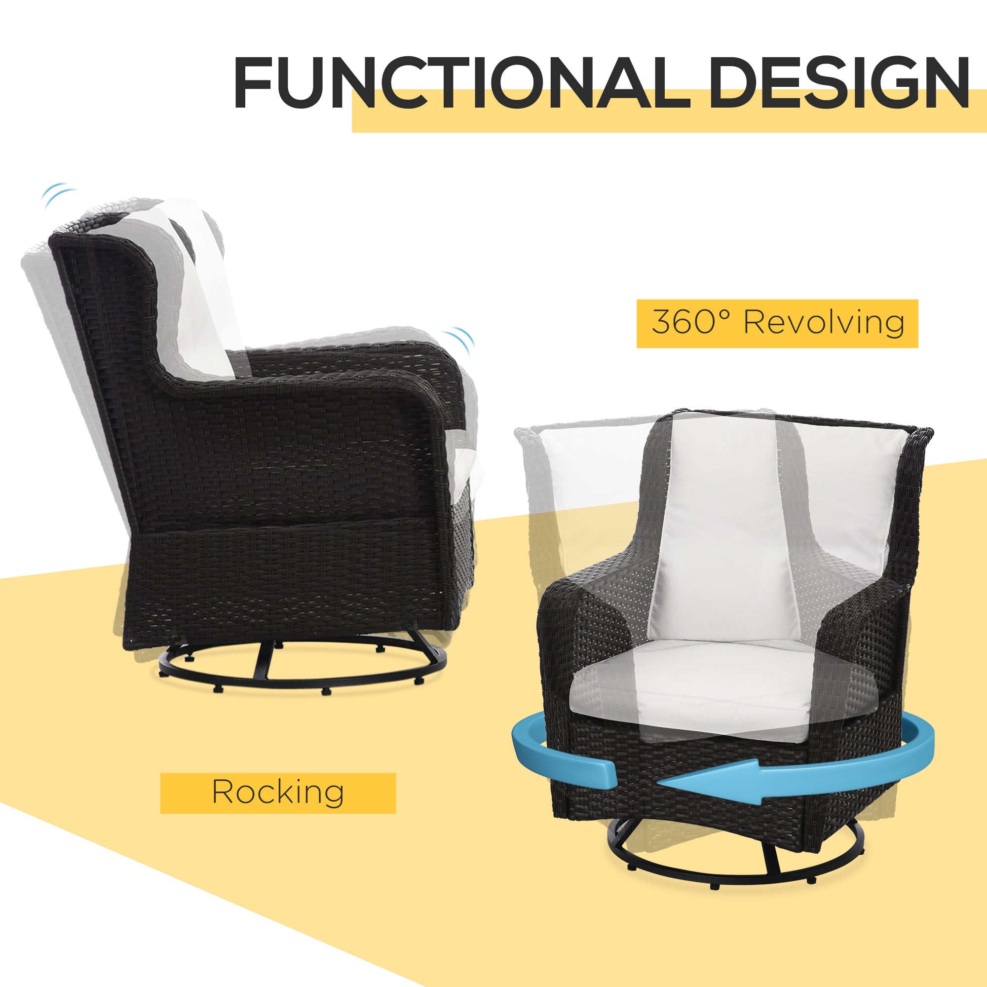 Patio Bistro Set, Porch Furniture with 360° Rotation & Rocking Function, 28.25"x30.75"x36.25"