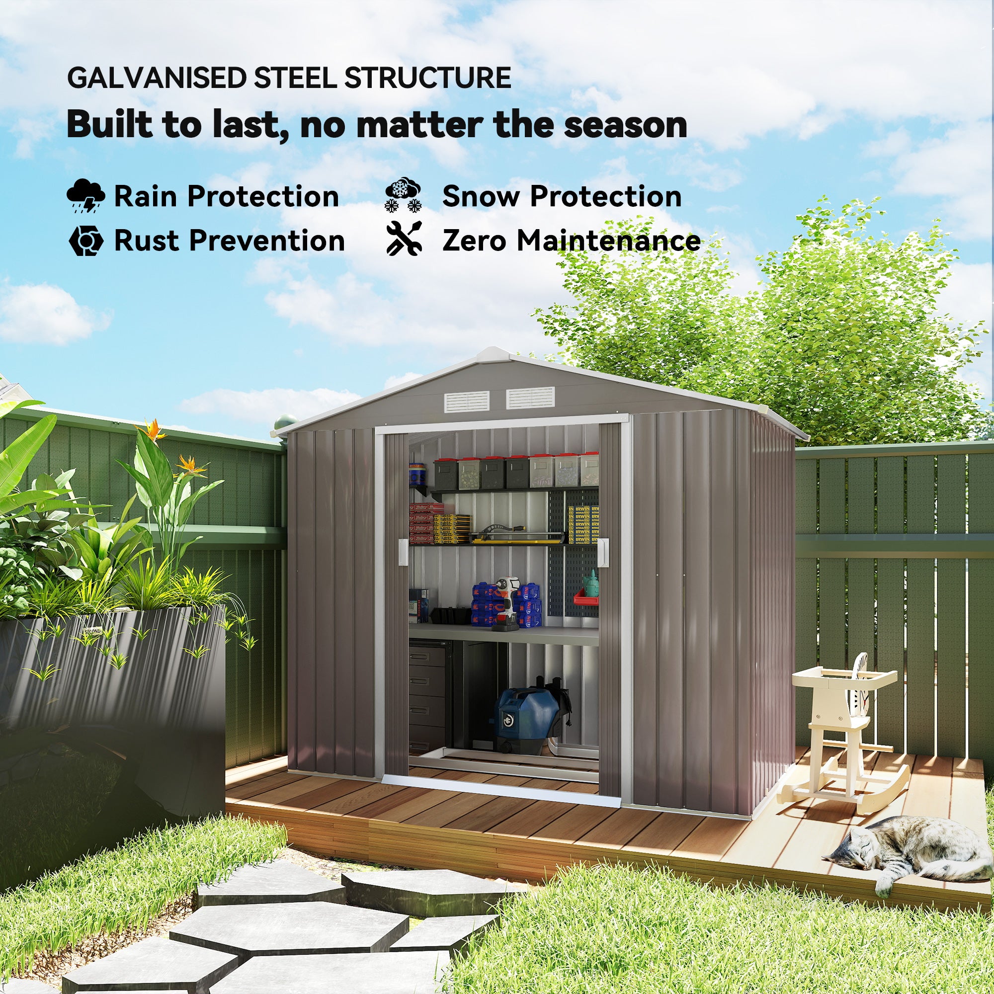 7' x 4' Outdoor Storage Shed, Garden Tool Metal Shed with Foundation Kit, Double Lockable Door, Air Vents and Sloping Roof, for Backyard, Patio, Lawn