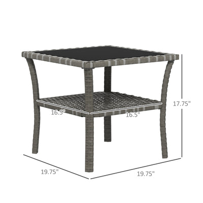 Rattan Side Table, Outdoor End Table with Storage Shelf, Aluminum Frame Square, Coffee Table with Tempered Glass Top