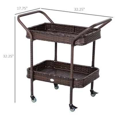 PE Rattan Outdoor Bar Table, Outdoor Kitchen Island with 2-Tier Shelf, Wheeled Patio Serving Cart with Brakes for Poolside, Garden, Brown