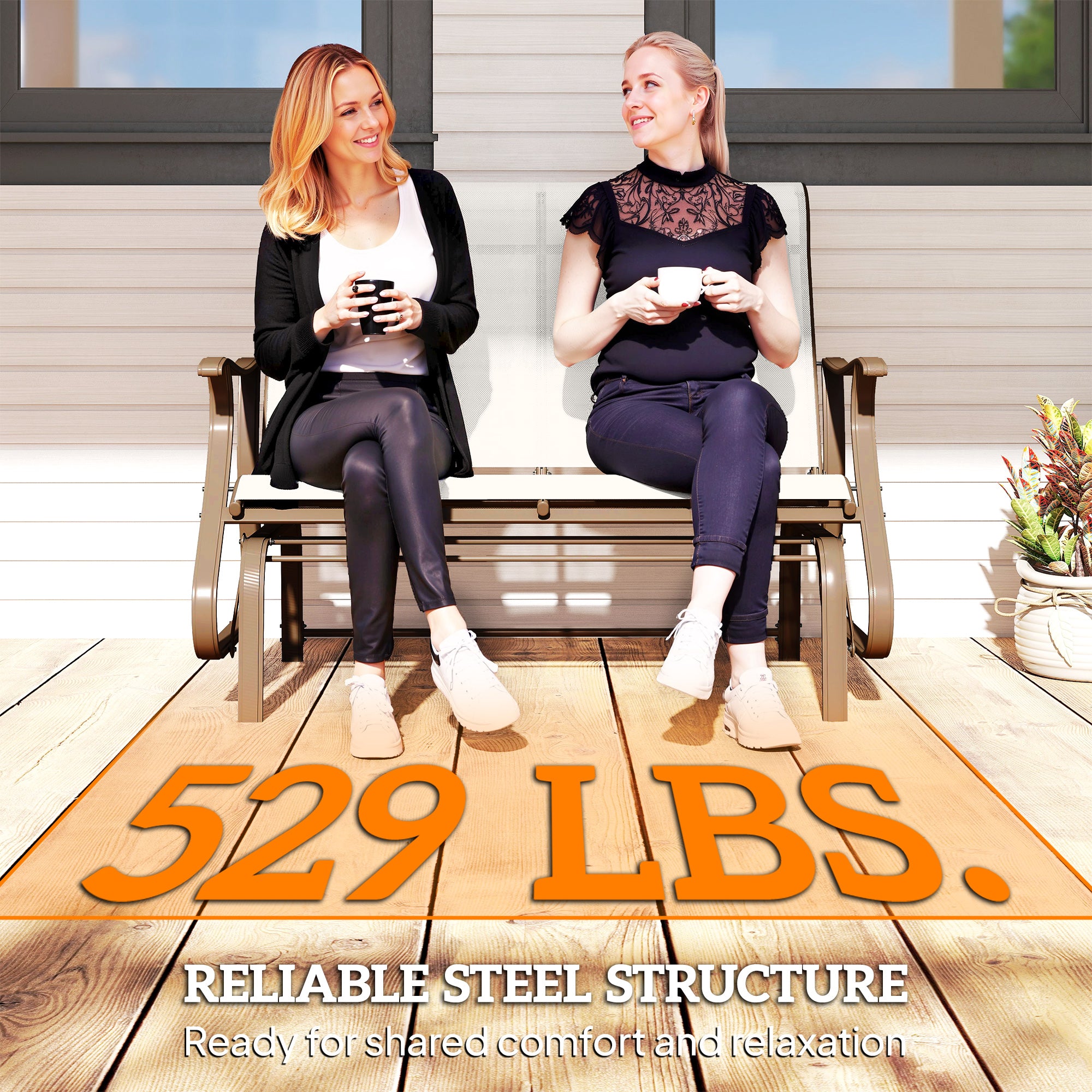 2-Person Outdoor Glider Bench, Patio Glider Loveseat Chair with Powder Coated Steel Frame, 2 Seats Porch Rocking Glider for Backyard, Lawn and Garden