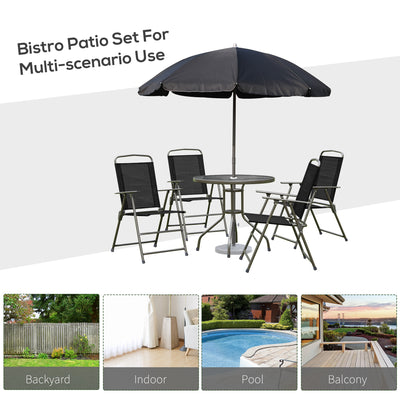 6 Piece Patio Dining Set for 4 with Umbrella, Outdoor Table and Chairs with 4 Folding Dining Chairs & Round Glass Table for Garden, Backyard and Poolside, Black and Coffee