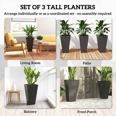28" Tall Planters, Set of 3 Plastic Flower Pots with Marble Finish and Drainage Holes, Stackable Taper Planters