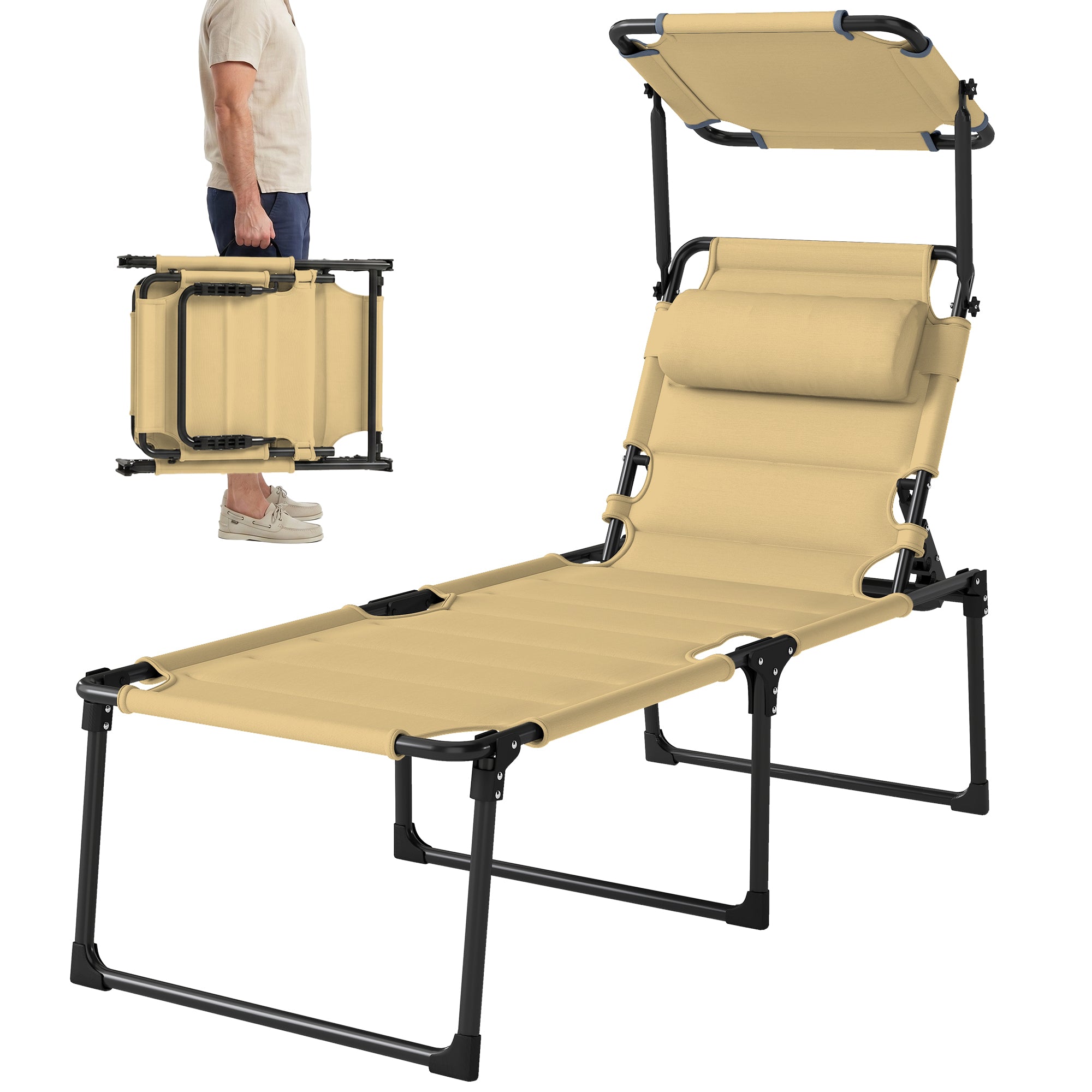 Outdoor Lounge Chair, 4 Position Adjustable Backrest, Folding, Cushioned w/ Sun Shade Roof & Pillow
