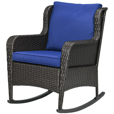 Outdoor Wicker Rocking Chair, Rattan Rocker with Cushions, Steel Frame for Patio, Garden, Backyard, Dark Blue