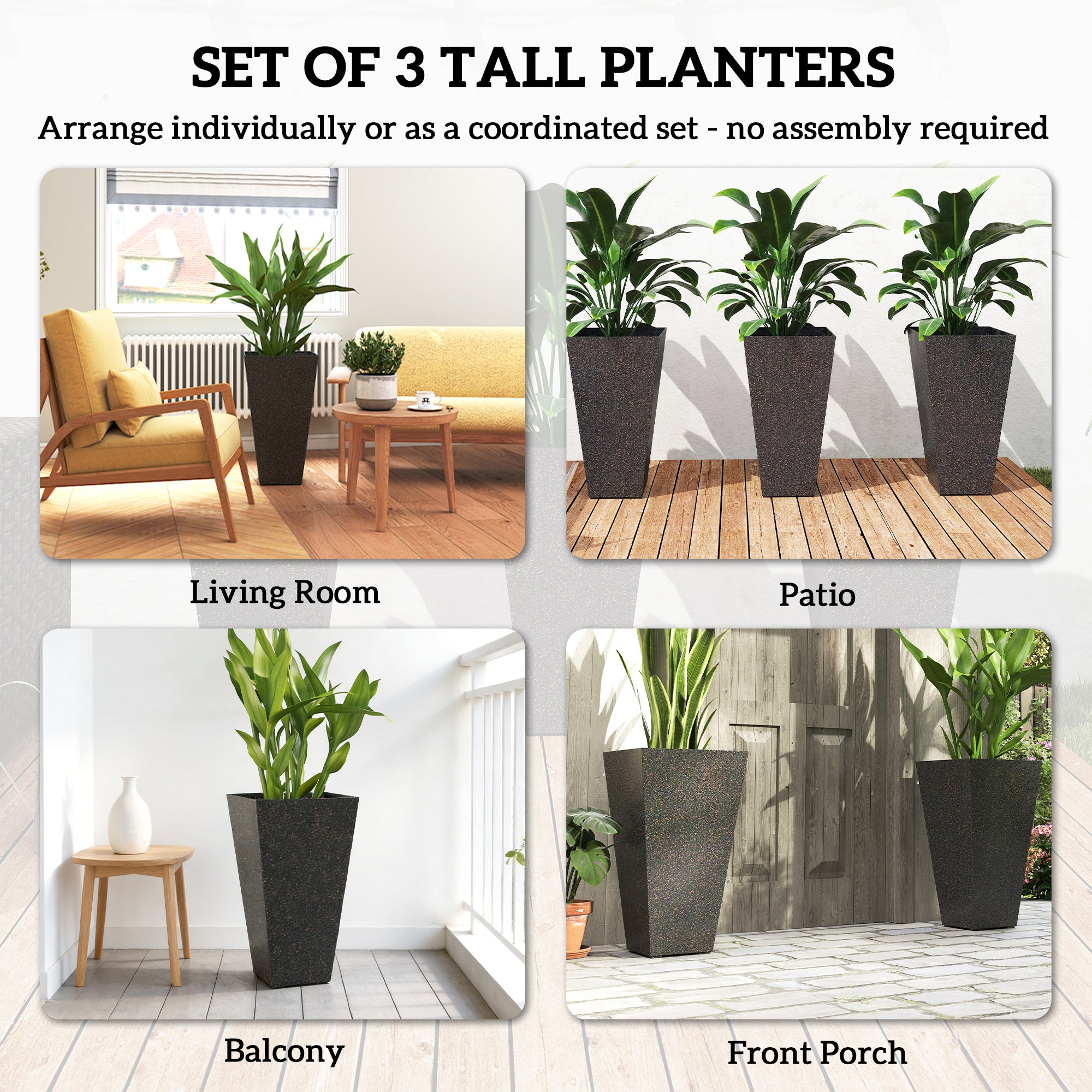 28" Tall Planters, Set of 3 Plastic Flower Pots with Marble Finish and Drainage Holes, Stackable Taper Planters, Brown