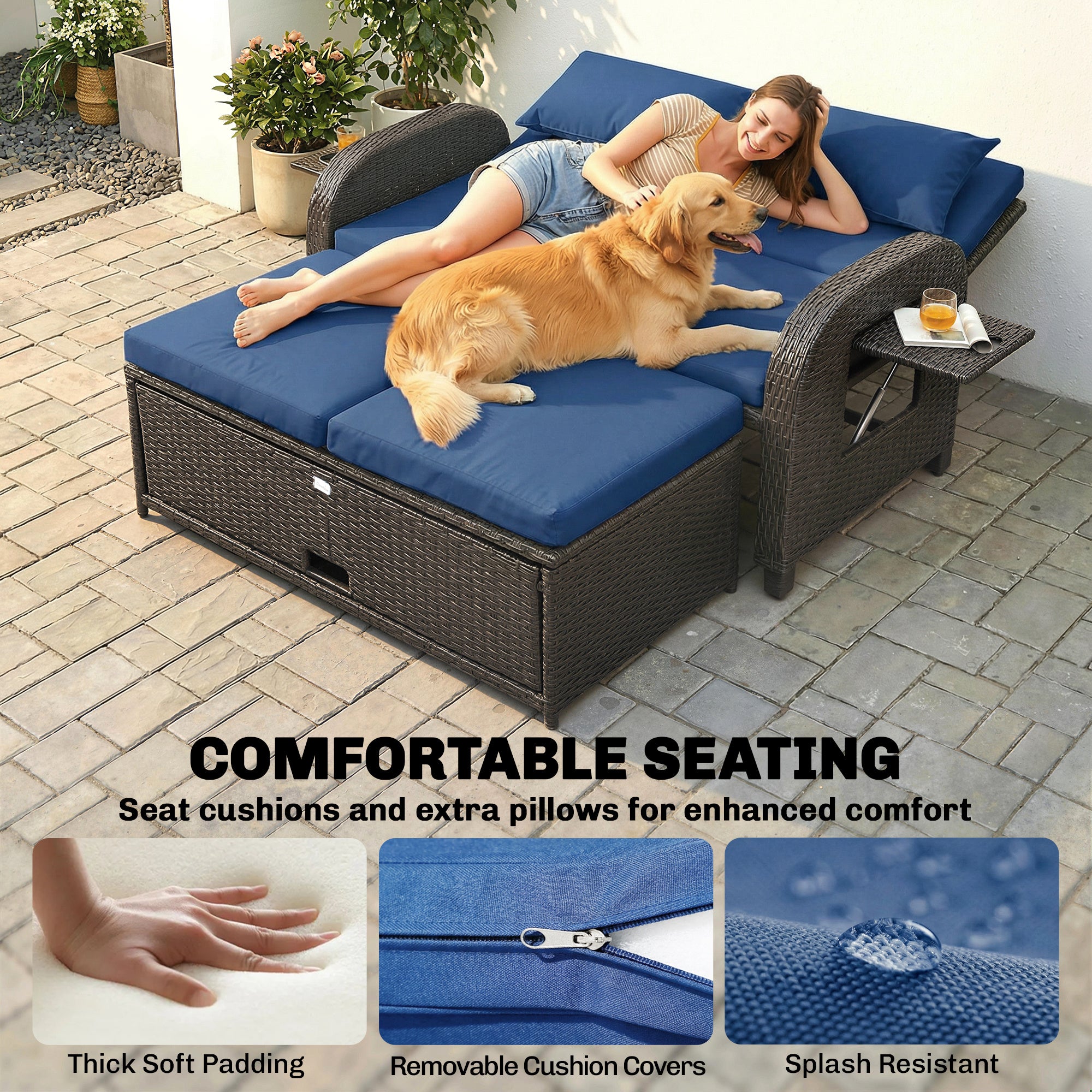 Patio Rattan Daybed, Wicker Outdoor Daybed with Storage Ottoman, Loveseat w/ Adjustable Backrest