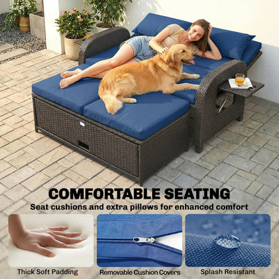 Patio Rattan Daybed, Wicker Outdoor Daybed with Storage Ottoman, Loveseat w/ Adjustable Backrest