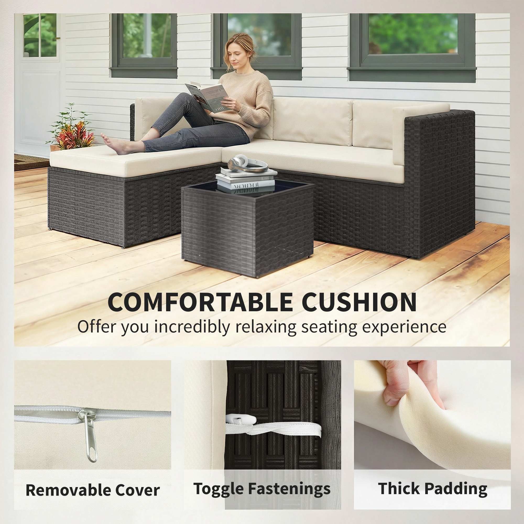 3 Piece Patio Furniture Set, Wicker Outdoor Patio Conversation Furniture Set with Cushions, Glass Top Table