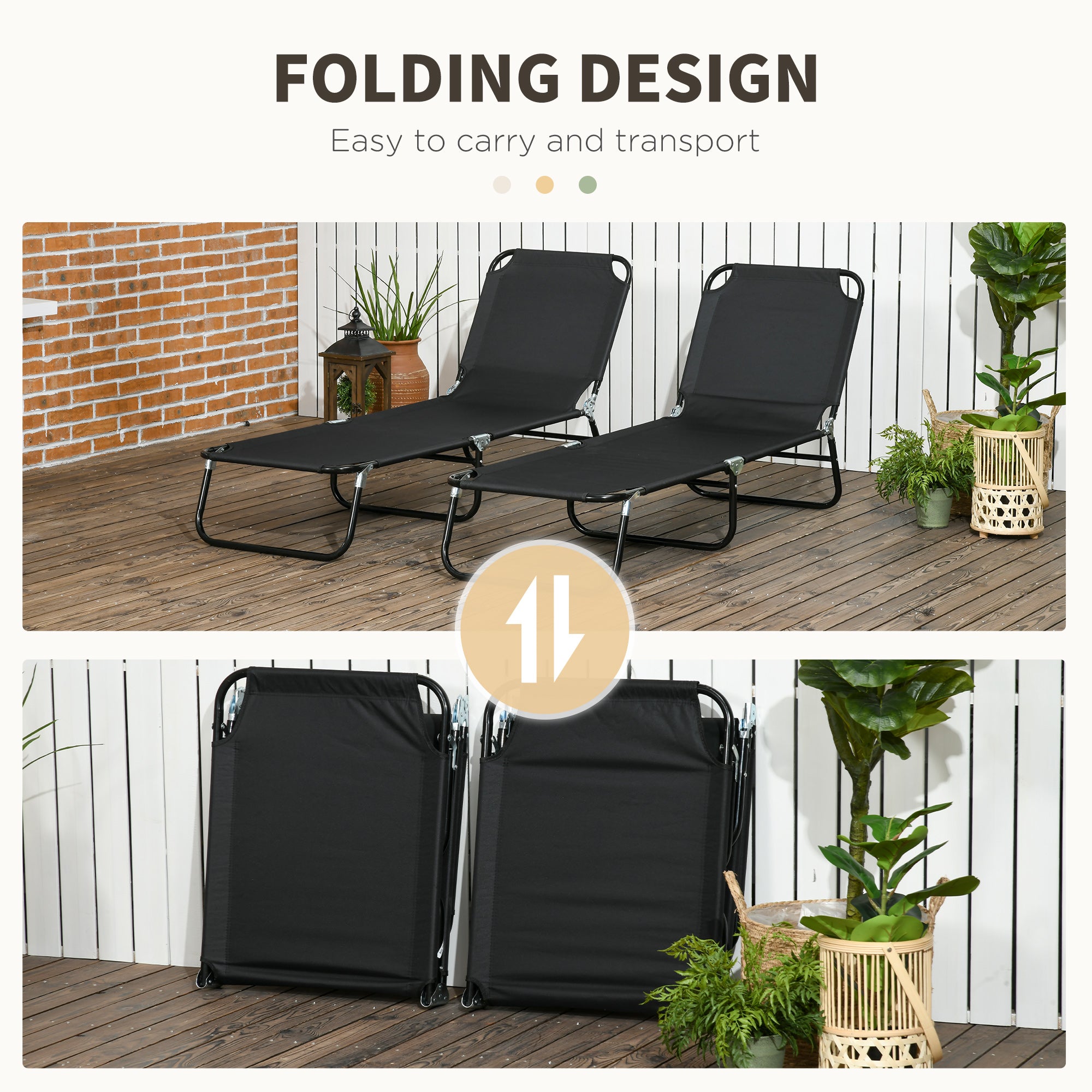 2 Piece Folding Chaise Lounge Pool Chairs, Outdoor Sun Tanning Chairs with 5-Level Reclining Back, Steel Frame for Beach, Yard, Patio