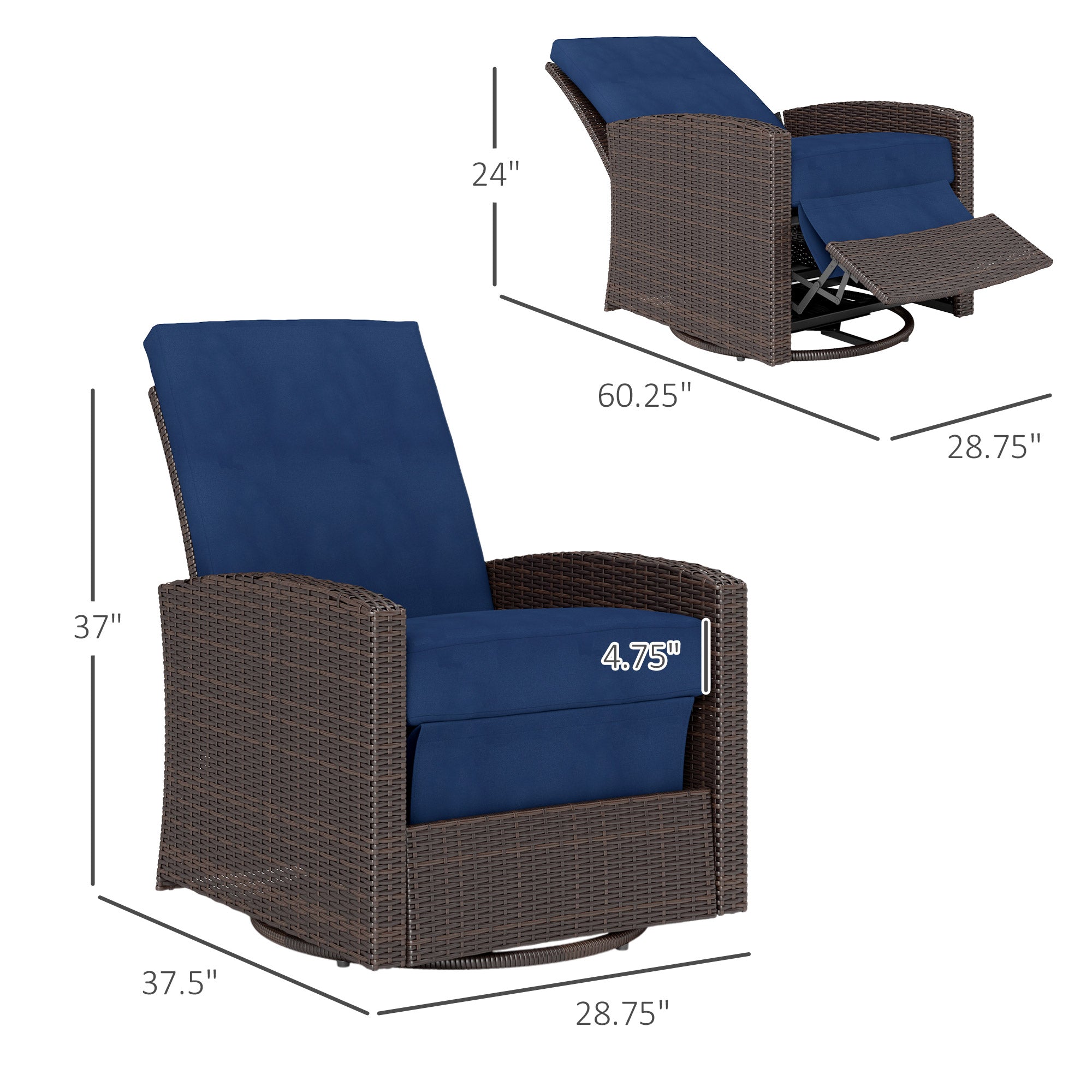 Outdoor Wicker Swivel Recliner Chair, Reclining Backrest, Lifting Footrest, 360° Rotating Basic, Water Resistant Cushions for Patio