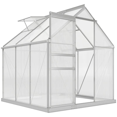 6' x 6' x 6.5' Polycarbonate Greenhouse with Aluminum Frame, Walk-in Heavy Duty Green House with Adjustable Roof Vent, Rain Gutter and Sliding Door for Winter, Silver