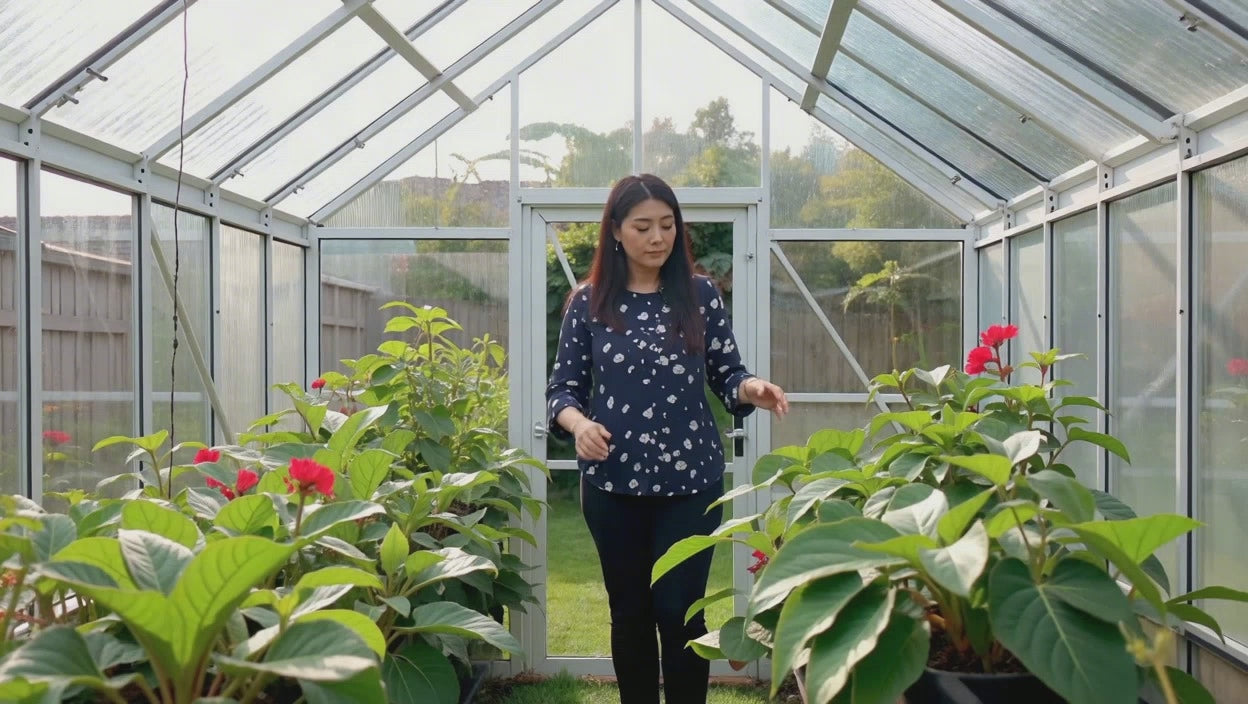 Load video: closeup of woman touching plants in her green house