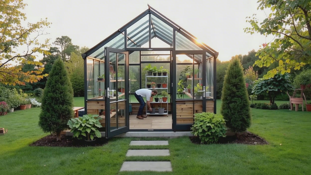 Load video: A man in greenhouse tending to plants