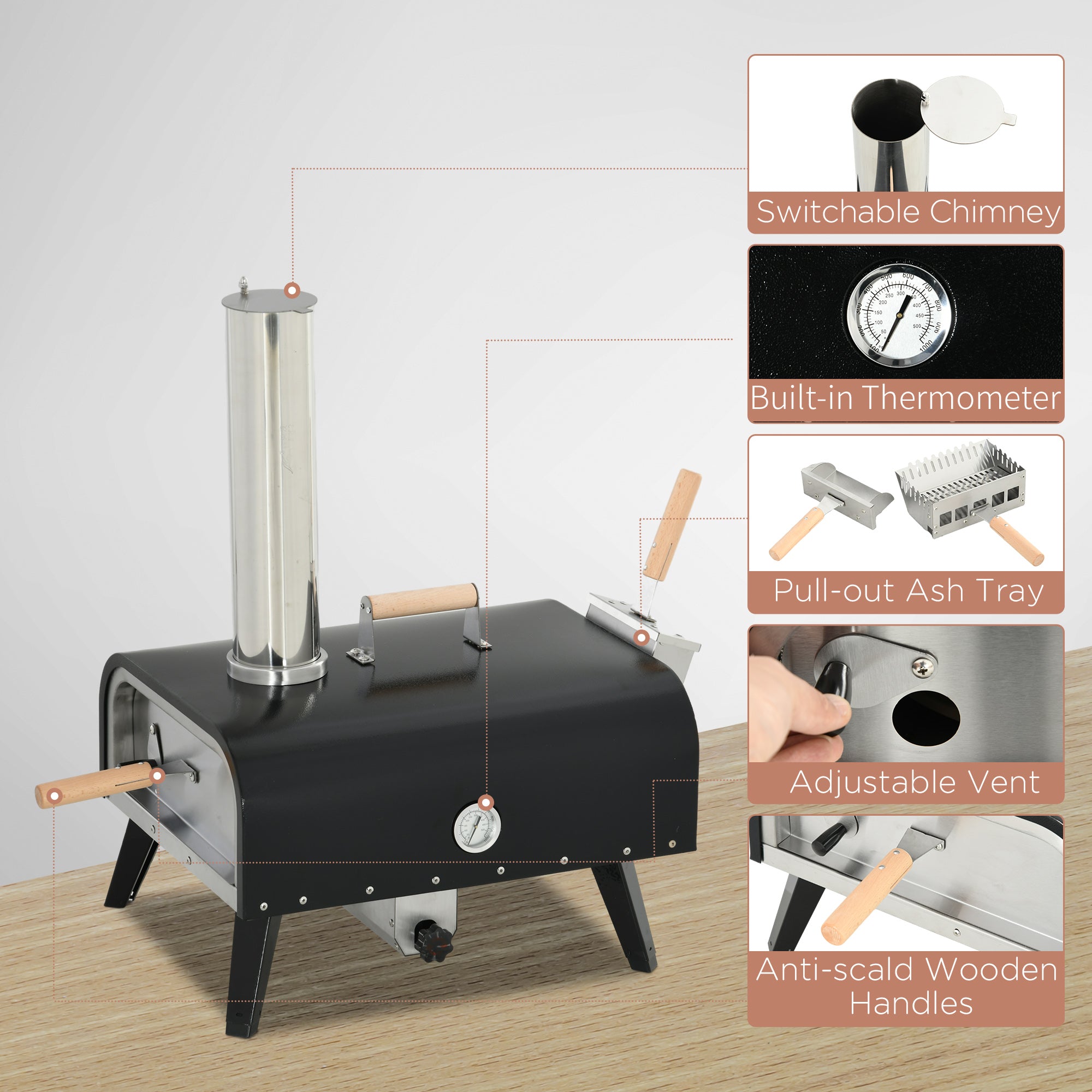 Pellet Wood Fired Pizza Oven, Outdoor Pizza Maker with 12" Rotating Stone, Peel and Waterproof Cover