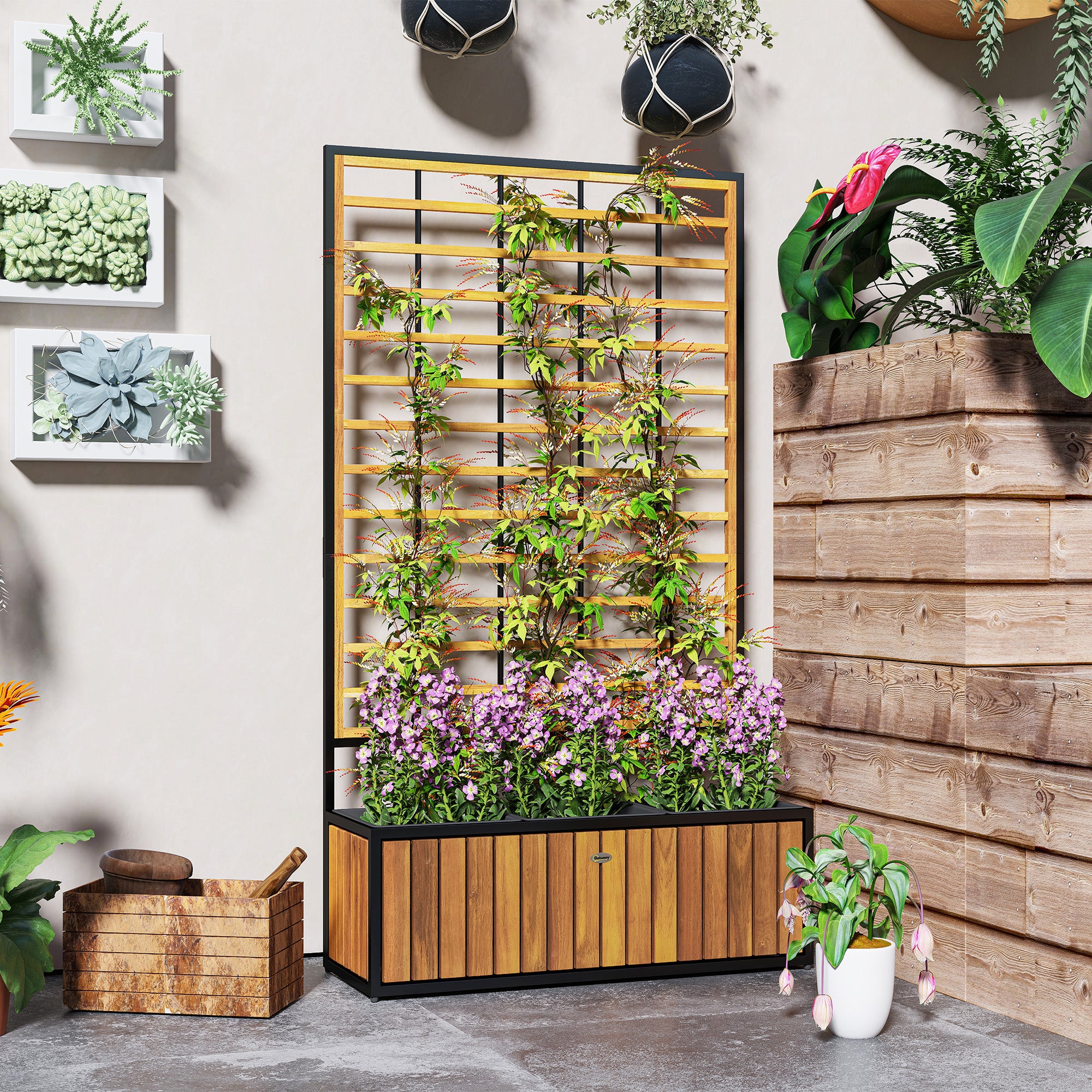 Wooden Raised Garden Bed with Trellis, Removable Pots for Backyard, Patio, Balcony, 29" x 11" x 52"