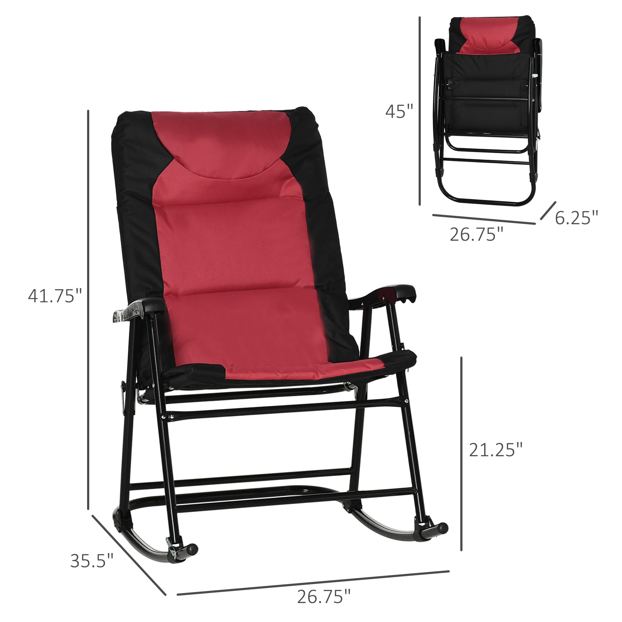 2 Piece Outdoor Patio Furniture Set with 2 Folding Padded Rocking Chairs, Bistro Style for Porch, Camping, Balcony