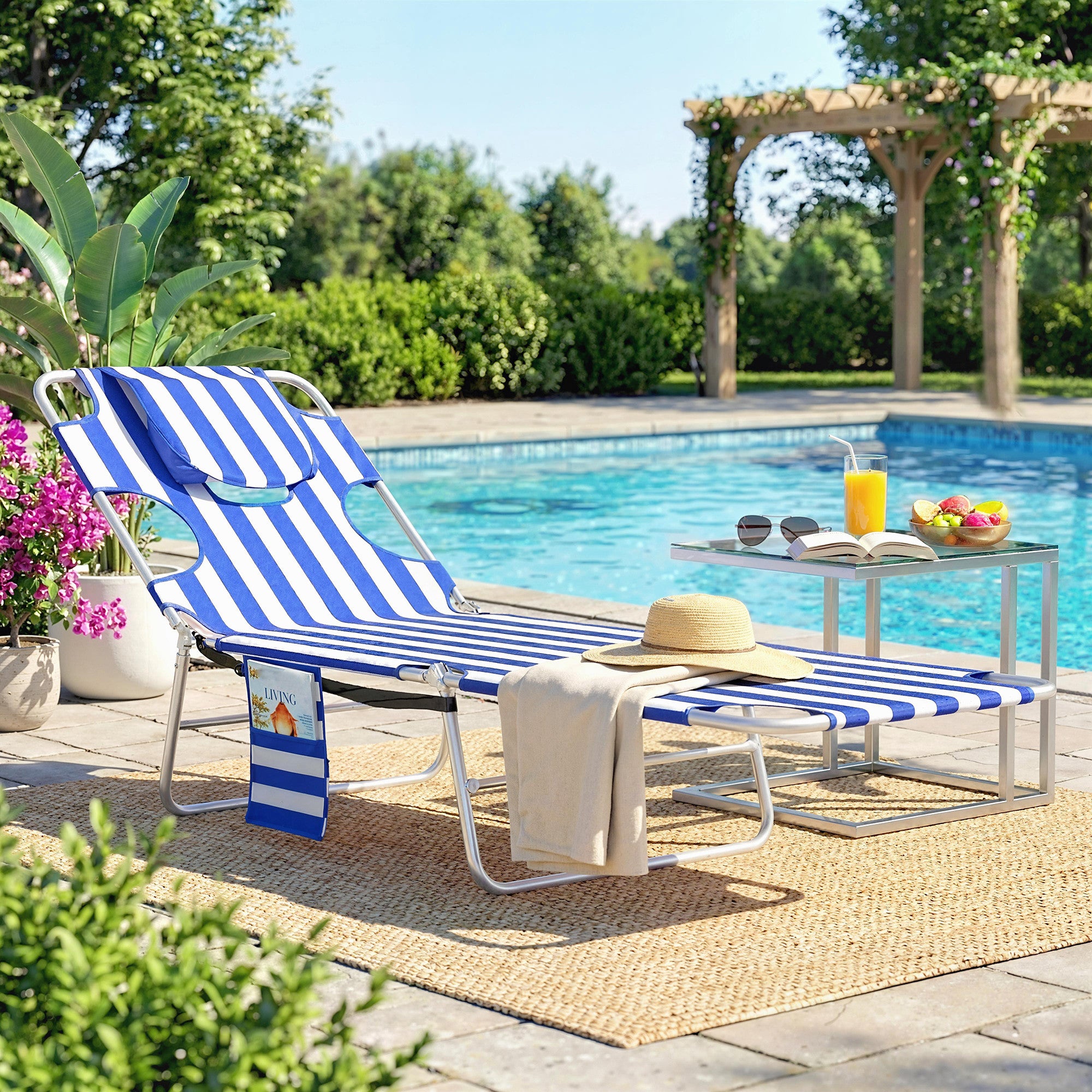 Tanning Chair with Face Hole, 5-Level Adjustable Outdoor Chaise Lounge Chair with Pillow for Beach, Pool